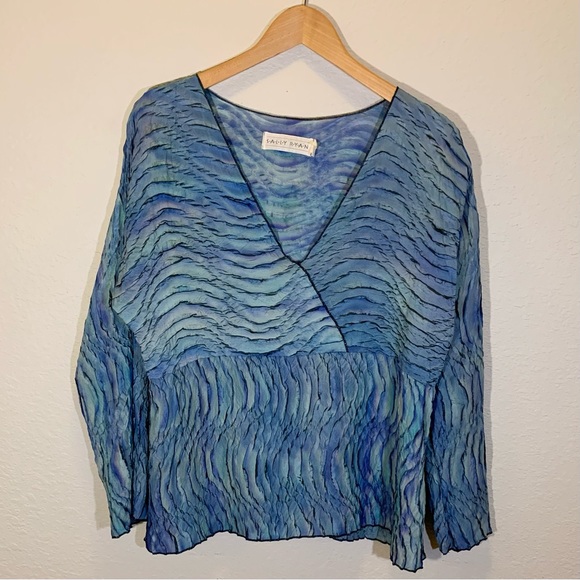 Iridescent Crinkled Silk Blouse Ocean Wave Texture – Size M Made in USA Fairy - Picture 1 of 11